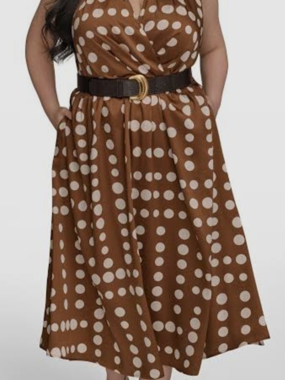 Donna Karan New York Polka Dot Brown Midi Dress with White Dots